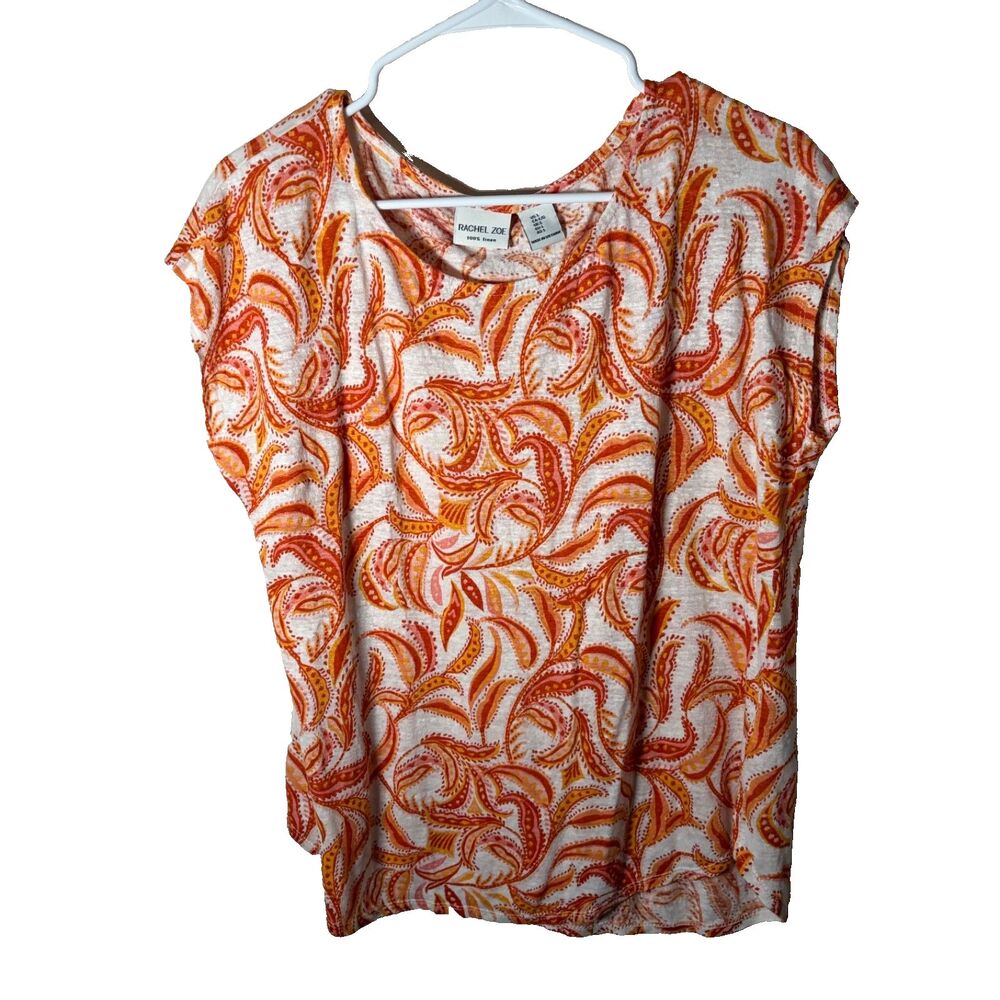 Rachel Zoe Blouse Women's Large Short Sleeve 100% Linen Orange Top Shirt